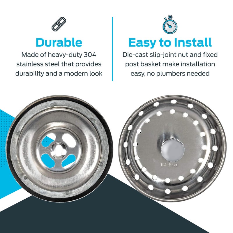 EZ-FLO Kitchen Sink Strainer Fits 3-1/2 Inch Opening, Sink Drain Assembly with Brass Slip-Joint Nut and Fixed-Post Basket, Stainless Steel, 30003 - Image 4